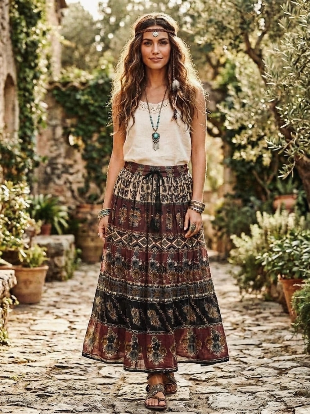 VINI 100% Cotton Bohemian Tiered Maxi Skirt Burgundy and Black Vintage India